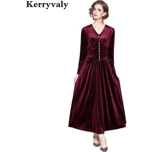 French Red Long Sleeve Winter Velvet Dress Women Long Midi Night Party Dress Vestido De Mujer Roupas Femininas K3973