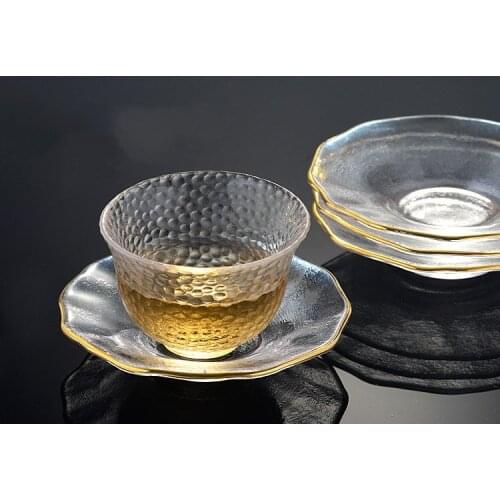 2021 Japanese style glass tea saucer pad with gold ring Kung Fu teacup jewelry storage glass tray tea cup tea set