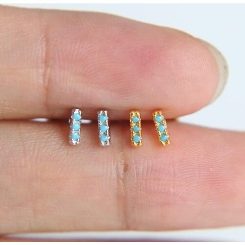 2020 Hot girl real 925 sterling silver turquoises stud tiny earring cute jewelry bar earring blue three cz gold silver color