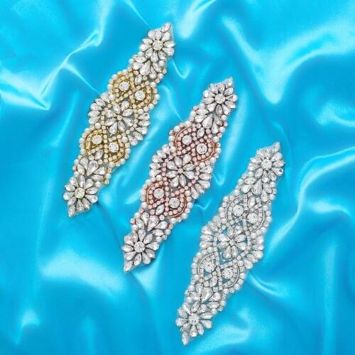 Rhinestone Applique Handmade Bridal Belt Silver Clear Bridal Beaded Crystal Trim Gold Sew Iron On For Wedding Dress