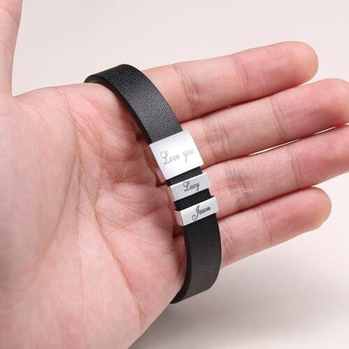 Free Personalized Leather Bracelet for Men Engraved Stainless Steel Beads Adjustable Custom Family Name ID Bracelets & Bangles