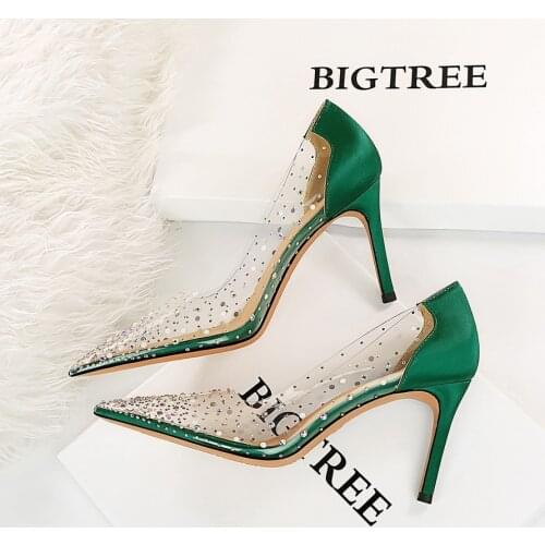 BIGTREE Fashion Green Rhinestone PVC Transparent Women Pumps Spring Autumn Stiletto High Heels Sexy Party Wedding Shoes