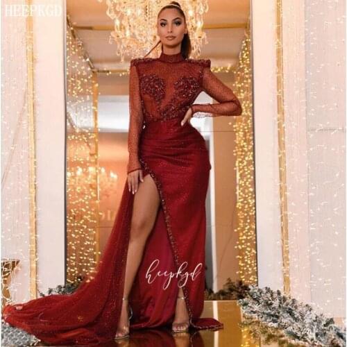 Burgundy Glitter Long Sleeves Arabic Evening Dress Dubai Crystals Side Slit Sexy Prom Party Dresses Plus Size Formal Gowns