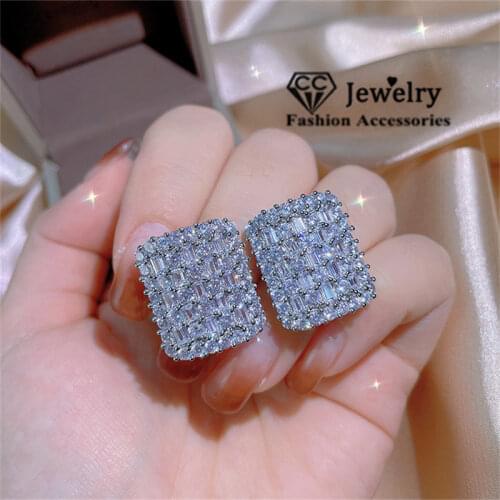 CC Stud Earrings For Women Fine Jewelry Party Rectangle Shape Wedding Accessories S925 Silver Earring Set CCE748