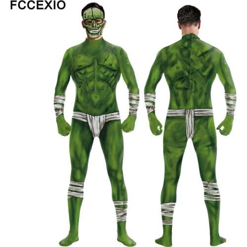 FCCEXIO Green Muscles Weird 3D Print Sexy Bodysuits Women/Men Plus Size Long Sleeve Cosplay New Party Tight Jumpsuits