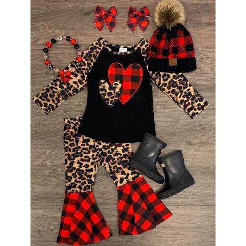 FOCUSNORM Valentines Day Infant Kids Girls Clothes Sets Love Leopard Plaid Print Long Sleeve Pullover Tops Flare Pants 1-6Y