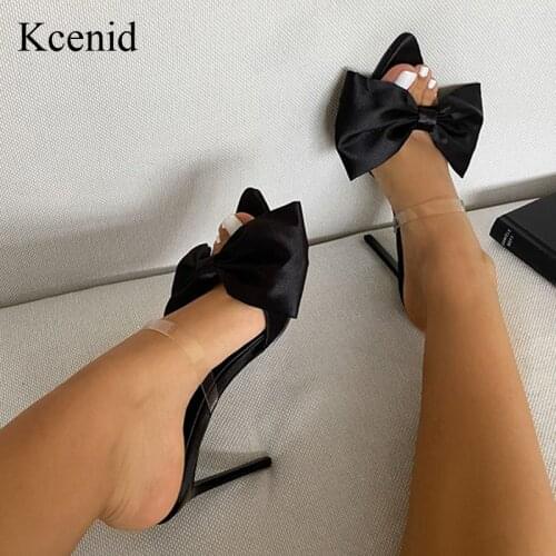 Kcenid Black Silk Butterfly-Knot Women Slippers Mule High Heels Slippers Sandals Peep Toe Clear Strappy Slides Party Shoes New