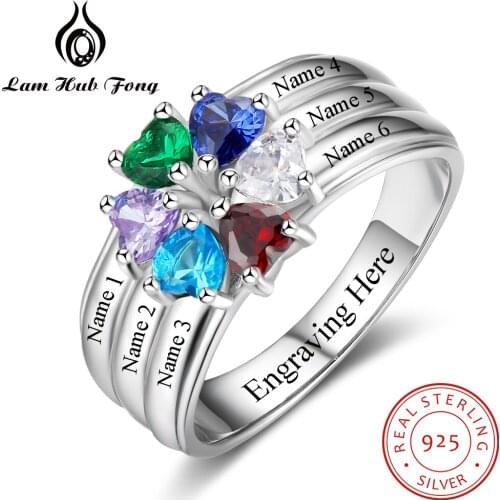 Personalized Mothers Ring 925 Sterling Silver 6 Heart Birthstone 6 Name Wedding Engagement Rings Fine Jewelry Gift(Lam Hub Fong)