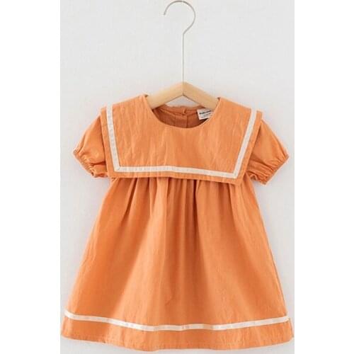 Q1FE Toddler Baby Girls Summer Short Sleeve Loose Dress College Navy Sailor Style Lapel Striped Flared Hem Button Back Infant