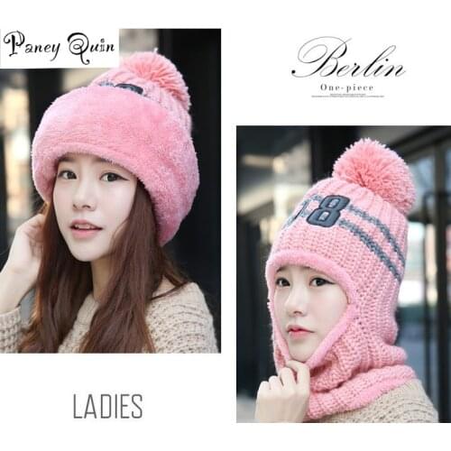 Lovely winter hat women Skullies set with velvet ear cap riding collar For women warm thick woolen Hat womens ski Skullies caps