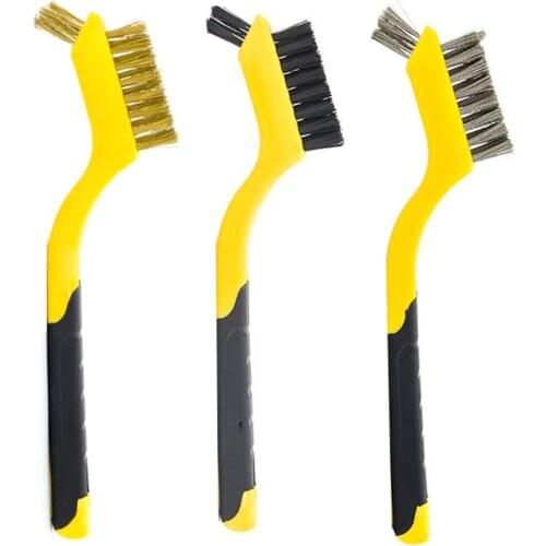 Wire Brush Set 3 Pcs Brass/ Stainless Steel/ Nylon Wire Brushes with Curved Handle Grip for Dirt Paint Scrubbing Rust Removal