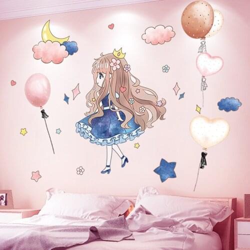 [shijuekongjian] Cartoon Girl Wall Stickers DIY Balloons Wall Decals for Kids Room Baby Bedroom Nursery Dorm House Decoration