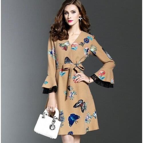 Autumn Dresses New Fashion Women European Print Solid A-line dress Full Sleeve Knee-Lenghth Dress For Woman free shipping