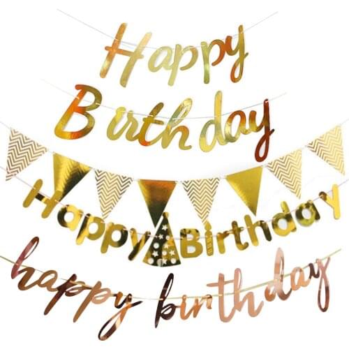 Happy Birthday Rose Gold Paper Banner Garland 1st Baby Shower Adult Bunting Garland Flag Kid Birthday Party Decoration Supplies