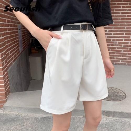 Seoulish 2021 New Summer Elegant Womens Shorts High Waist Suit Shorts Straight Casual Solid Loose Female Office Trouses
