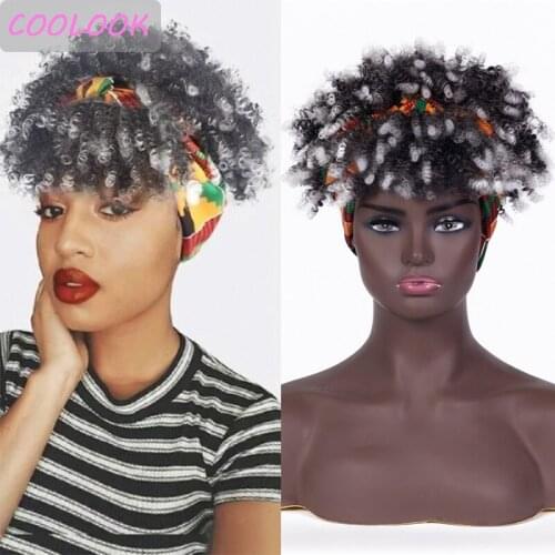 Synthetic Ombre Gray Headband Wigs Afro Kinky Curly Head Bands Wig for Women Fluffy Short Curly Headwrap Wigs with Scarf Cosplay