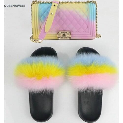 2020 Real FOX Fur Slides Sandals Vogue Indoor Flip Flops Casual Shoes for Woman Fluffy Slippers With Colorful Jelly Bag