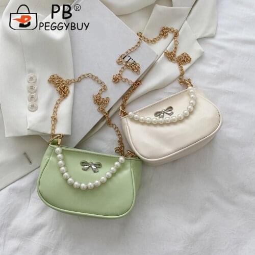 Vintage Women Bowknot Pure Color Shoulder Underarm Bag Casual All-match Pearl Chain Pleated Handbags Portable PU Leather Purse