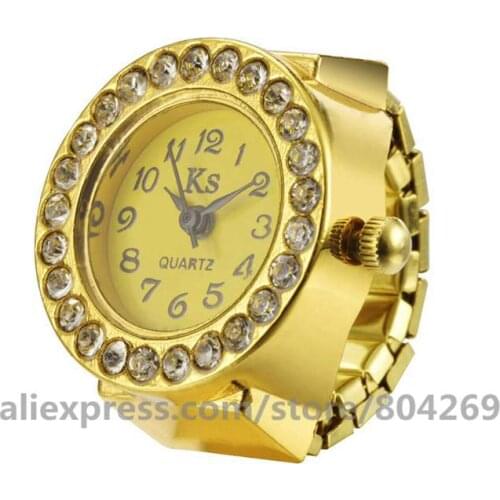 Womens Fashion Gold Color Ring Watch Round Quartz Rhinestone Watch Ring For Women Watches Women Jewelry Mini Watch