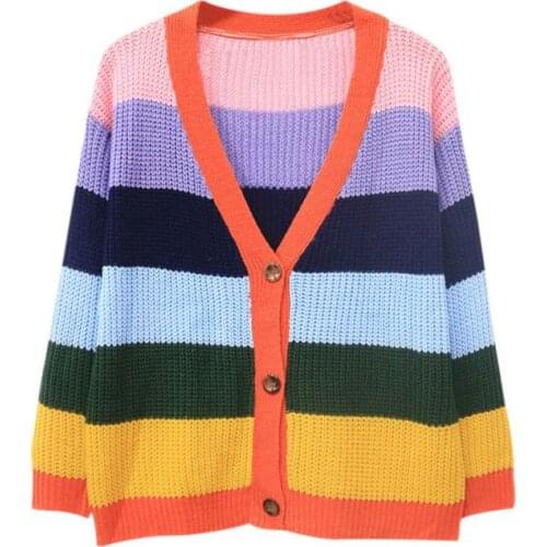 Autumn Womens Colored Striped Stitching Cardigan Jackets Three Buckles Casual Loose Sweater Large Size Orange