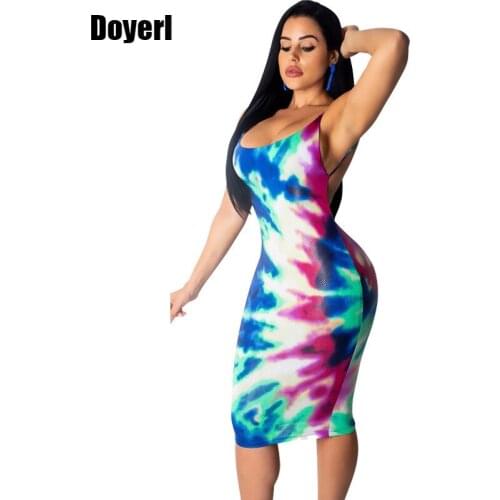 Summer Sexy Club Bodycon Dress Women Midi Backless Bandage Dress Sleeveless Tie Dye Print Open Back Tight Elegant Party Dresses