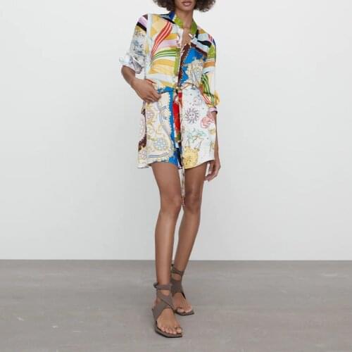 Top design spring and summer ladies graffiti print dress long sleeve single breasted mini dress vogue street dress