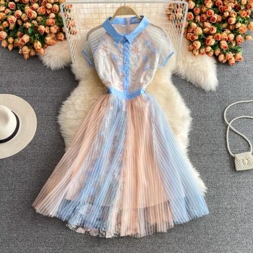 Amolapha Women 2021 Summer Sweet Embroidery Short Sleeve Single Breasted High Waist Temperament Fashion Chiffon Party Dress