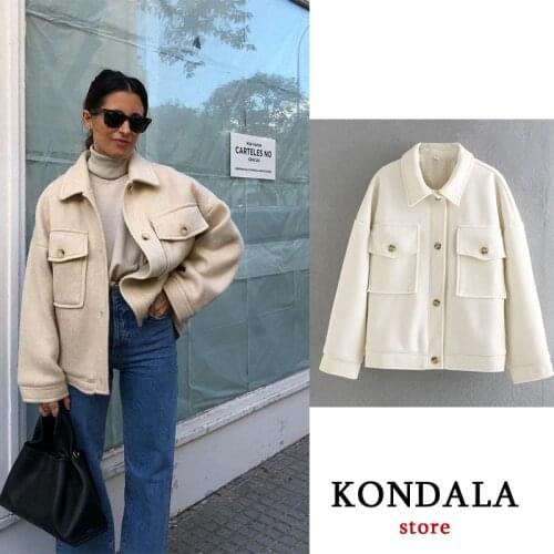 KONDALA Za 2020 Women Vintage Pocket Solid Winter Long Coat Jackets Button Warm Cashmrer Overcoat Mujer Fashion Long Coats