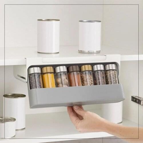 1pc Kitchen Spice Storage Rack Under-Shelf Spice Organizer Seasoning Bottle Storage Rack Punch-free Cabinet Storage Holder