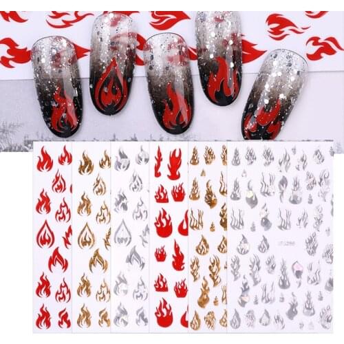 1PCS Flame Nail Stickers Fire Nail Art Decals Holographic Gold Silver Fires On Manicure Stencil Stickers Nail Art Decoration