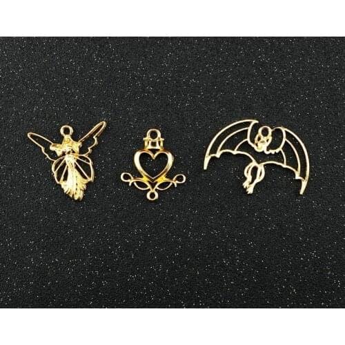 10 pcs Beautiful Love heart angel bats Metal Frame Pendant Gold Charm Bezel Setting Cabochon Setting UV Resin Charm