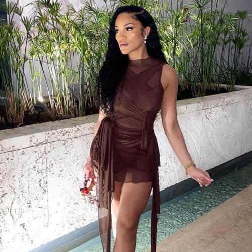 2021 Summer Women Bodycon Sleeveless Mini Dresses Solid Sexy Short Party Club Mesh Tank Dress For Women Female