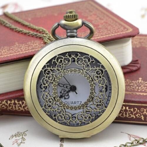 50pcs/lot Bronze Hollow Flower Retro Pocket Watch Top Quality Watch Necklace Gift Watch Factory Wholesale