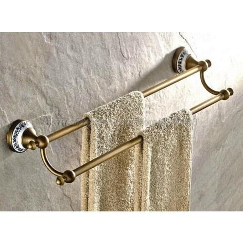 Antique Brass Wall Mounted Ceramic base Double Towel Rail Holder Rack Bathroom Accessories Towel bar, Towel holder Kba407