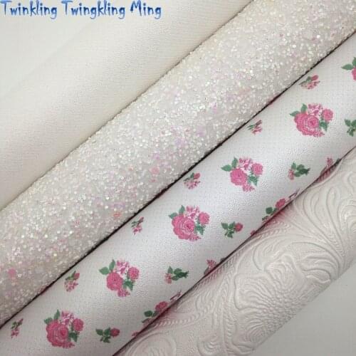 White Chunky Glitter leather, Flowers Printed Faux Leather, Embossed Faux Leather For Bow A4 21x29CM Twinkling Ming KM130