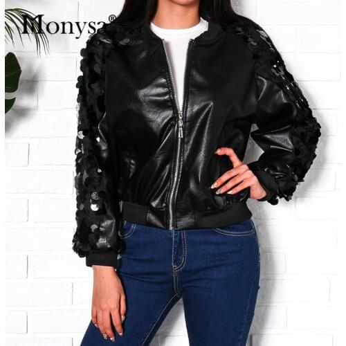 Sequin Leather Jacket Women Autumn 2018 Fashion Zipper Long Sleeve Coats And Jackets Women Streetwear Motorcycle Black Jacket