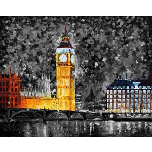 Black and White wall art oil painting BIG Ben Abstract paintings city building Landscape artwork for living room Hand painted
