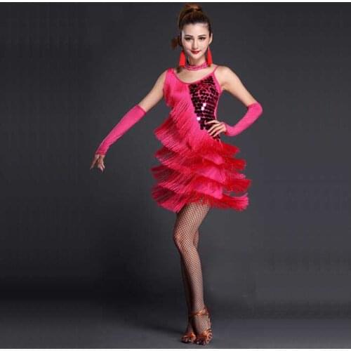 DJGRSTER New Women Sequin Feather Fringe Stage Performance Competition Ballroom Dance Costume Latin Dance Dress For Adult Women
