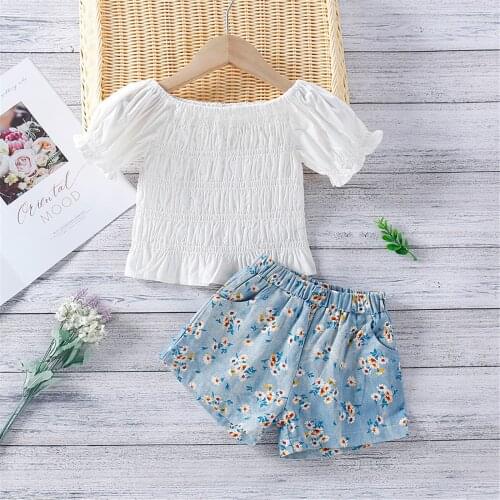 Girls Casual Two-piece Clothes Set Sweet White Pleated Ruched Short Sleeve Tops + Flower Denim Shorts Pants Summer Outfits