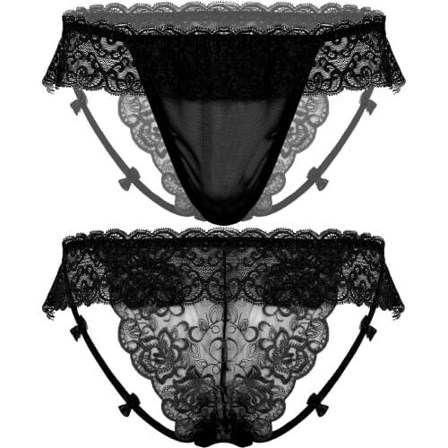 Mens Panties Floral Embroidery Ruffles Briefs See-through Lace Underpants Sexy Low Waist Sissy Gay Underwear for Valentines Day