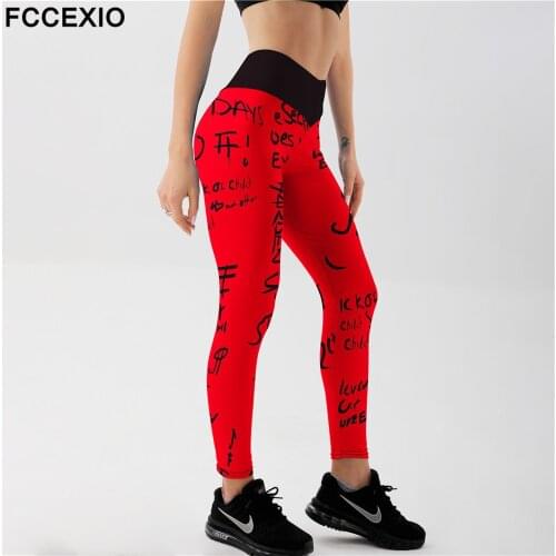 FCCEXIO High Waist Elastic Workout Leggings Women Slim Fitness Fashion Letter Print Leggings for Gym Sport Running Europe Size