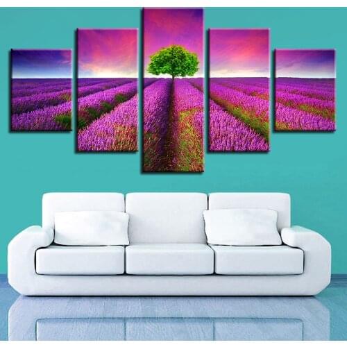 Art Prints Decor Room Home Wall Pictures 5 Pieces Lavender Flowers Sea Green Tree Scenery Modular Canvas Paintings Posters Frame
