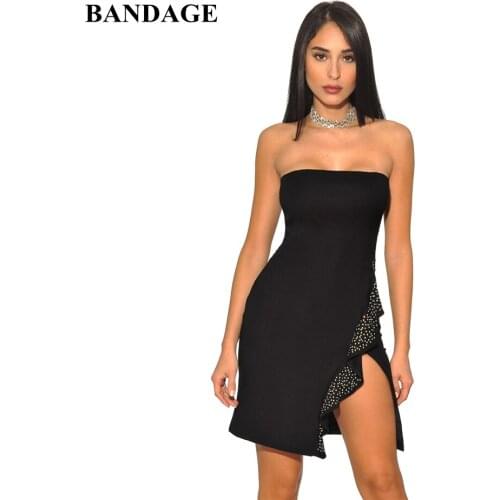 Clubwear Sexy Front Split Women Vestidos Strapless Black Crystal Bandage Dress Bodycon Party Mini Dresses