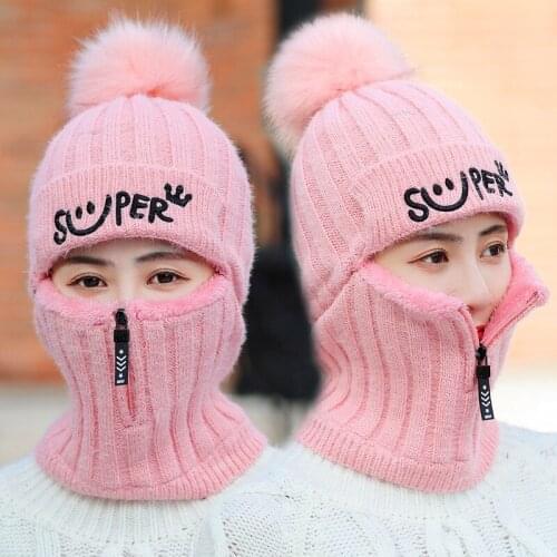 Ncmama Winter Hats Set Women Knitted Wool Hat Mask Lady Warm Velvet Thick Cycling Beanies Skullies Hat Female Collar Jumper Cap