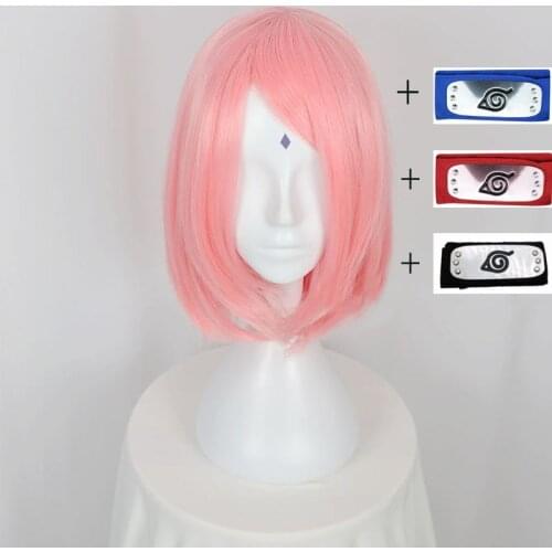 Anime Haruno Sakura Short Pink Styled Synthetic Hair With Headband Heat Resistant Cosplay Wigs For Women Girls + Wig Cap