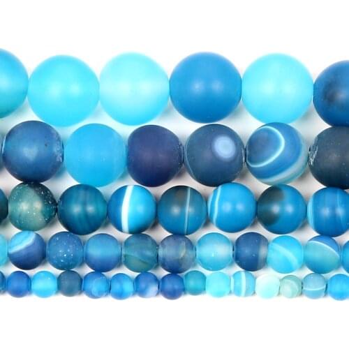 Natural Stone Frosted Blue Line Veins Agates Round Loose Beads For Jewelry Making Needlework Bracelet Diy Strand 8 MM