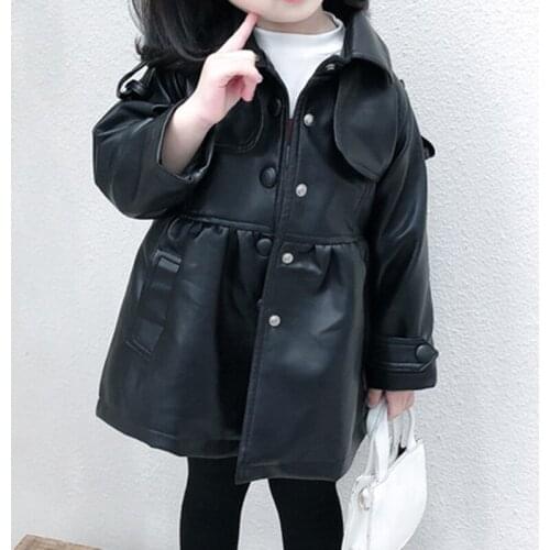 Childrens Jacket New Korean Style Solid Ccolor Long-sleeve Leather Outerwear Spring Autumn Girls Fashion Coat 2-6Y