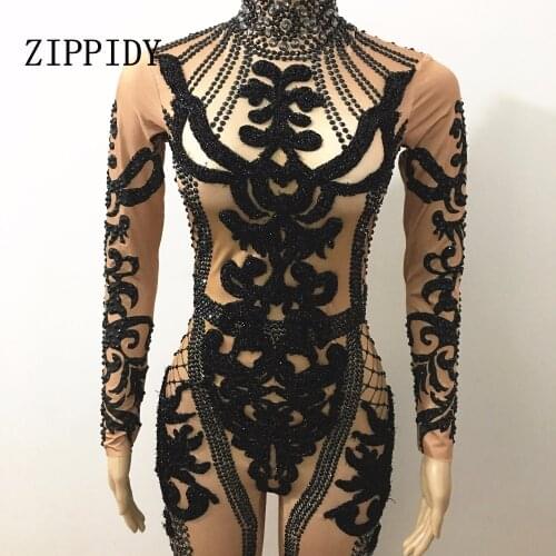 Fashion Shining Black Crystals Jumpsuit Glisten Rhinestones Nigthclub Performance Outfit Party Celebrate Costume Stage Rompers