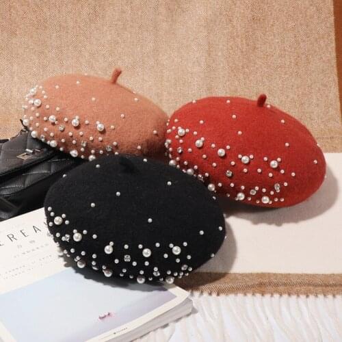 Korean Style Fashion Women Girls Pearls Rhinestone Beret Hat Warm Wool Beanie Beret Retro Hat Cap Lady Plain Elegant Winter Cap