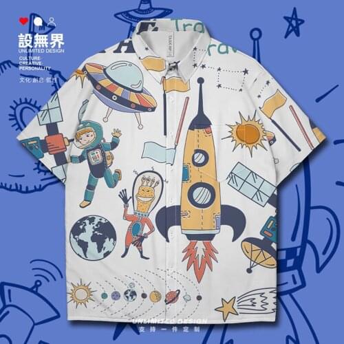Cartoon Universe Space Planet Childlike Spaceship Alien Short-Sleeved shirt Shirts trends fashion Print Printed Clothes Summer